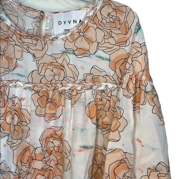 DYVNA Orange/White Floral Silk Bell Sleeve Braided Trim Shift Dress - Picture 8 of 12